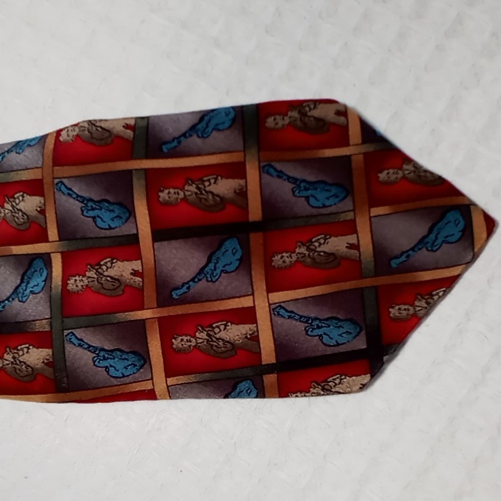 J. Garcia 100% Silk Tie Red/Blue/Gold Jerry Playing Guitar